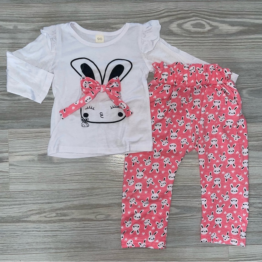 Baby Girls 2-PC Outfit 18–24 Months White Bunny Long Sleeve Top & Pink Pants Set